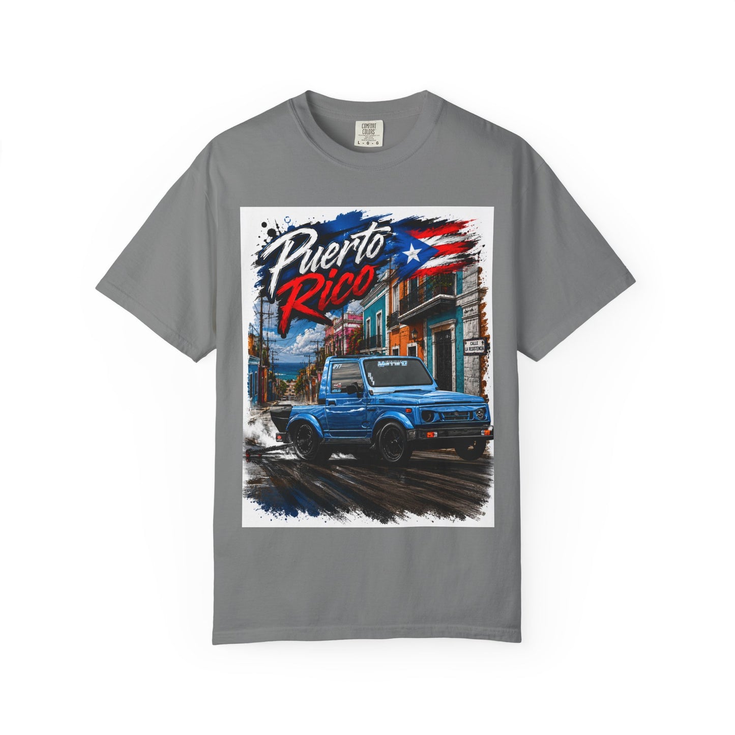 Puerto Rico Blue Samuri T-Shirt — Retro Island Flag Street Scene