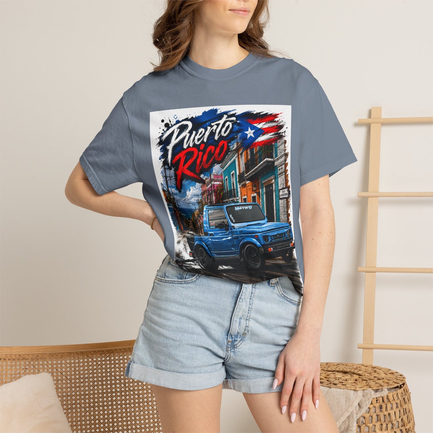 Puerto Rico Blue Samuri T-Shirt — Retro Island Flag Street Scene