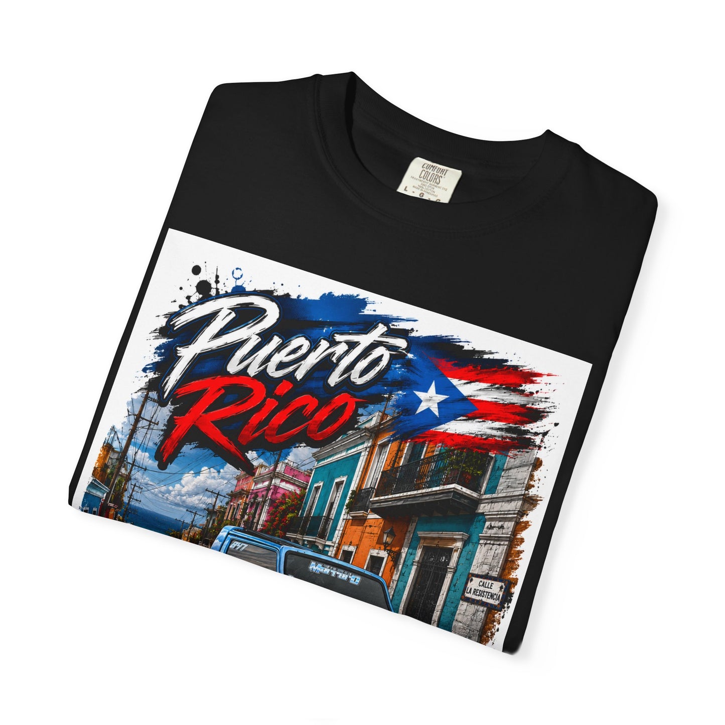 Puerto Rico Blue Samuri T-Shirt — Retro Island Flag Street Scene