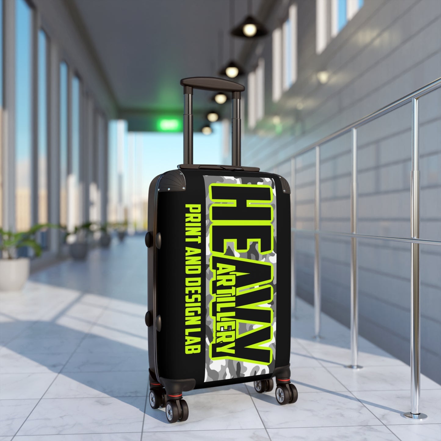 Heavy Artillery Camouflage Suitcase – Neon Logo Travel Luggage