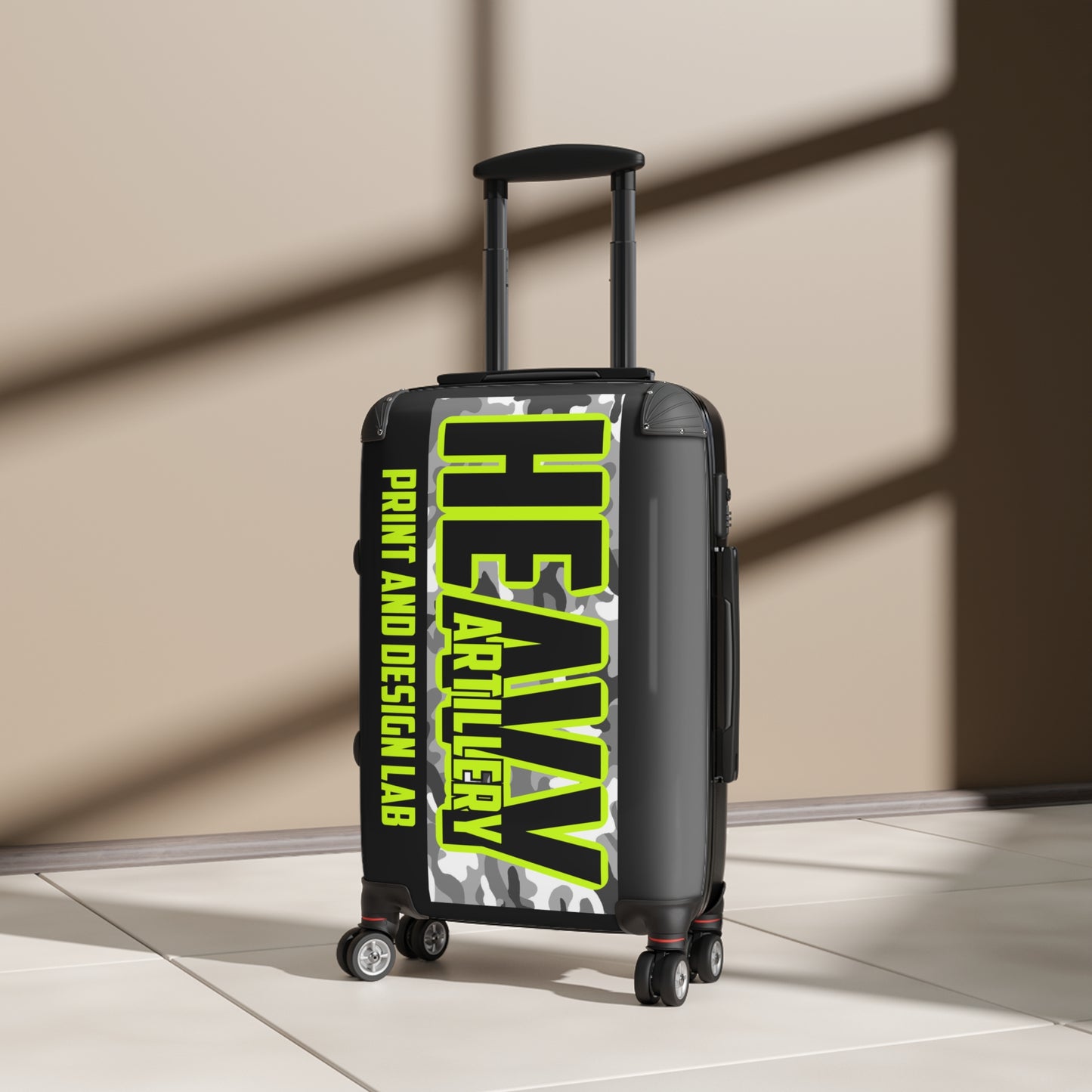 Heavy Artillery Camouflage Suitcase – Neon Logo Travel Luggage