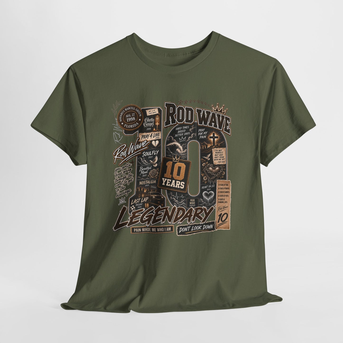 Rod Wave 10 Years Legendary – Pain, Purpose & Faith Hip-Hop Collage T-Shirt Design