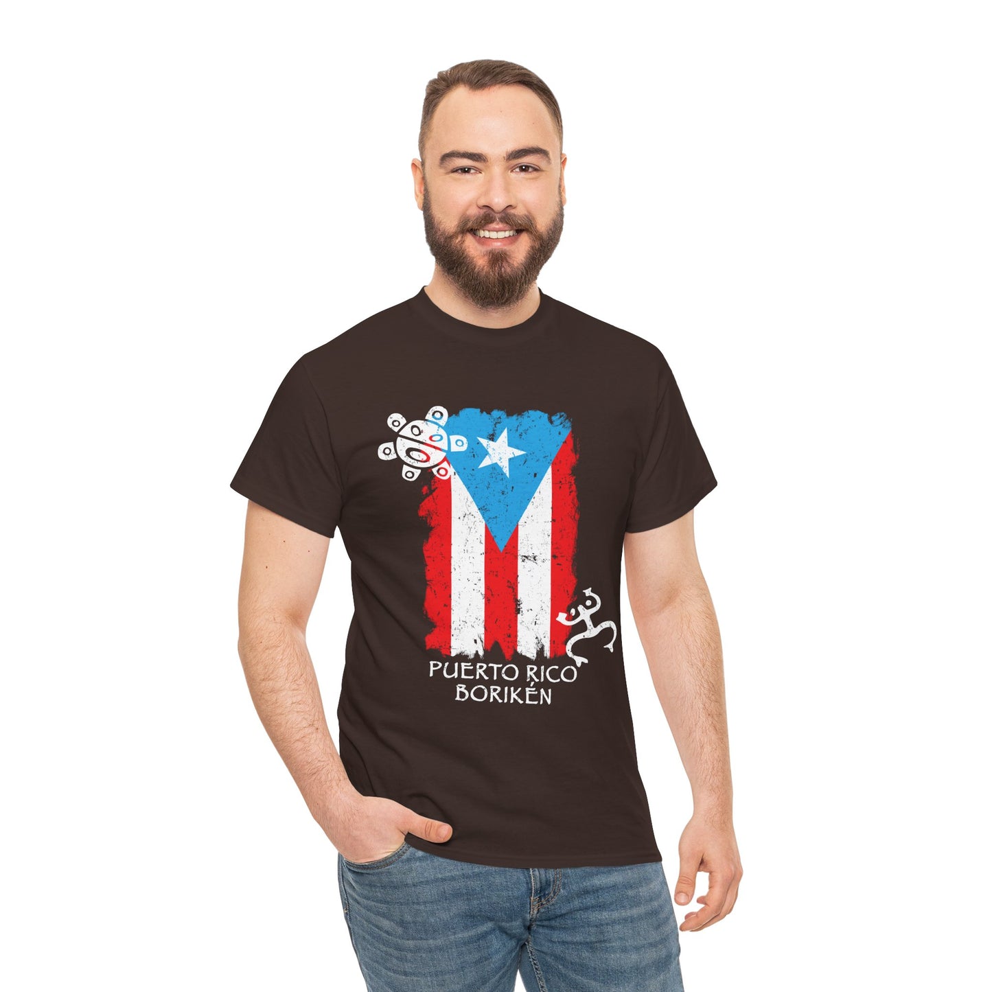 Puerto Rico Borikén Flag Tee — Taíno Petroglyph Heritage Vintage