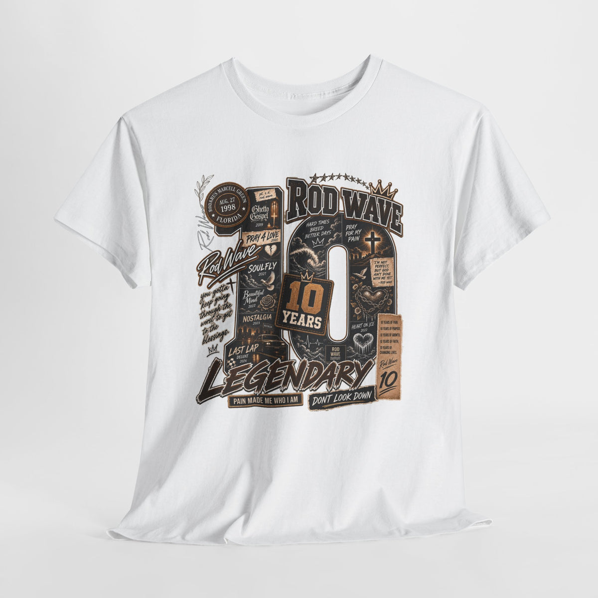 Rod Wave 10 Years Legendary – Pain, Purpose & Faith Hip-Hop Collage T-Shirt Design