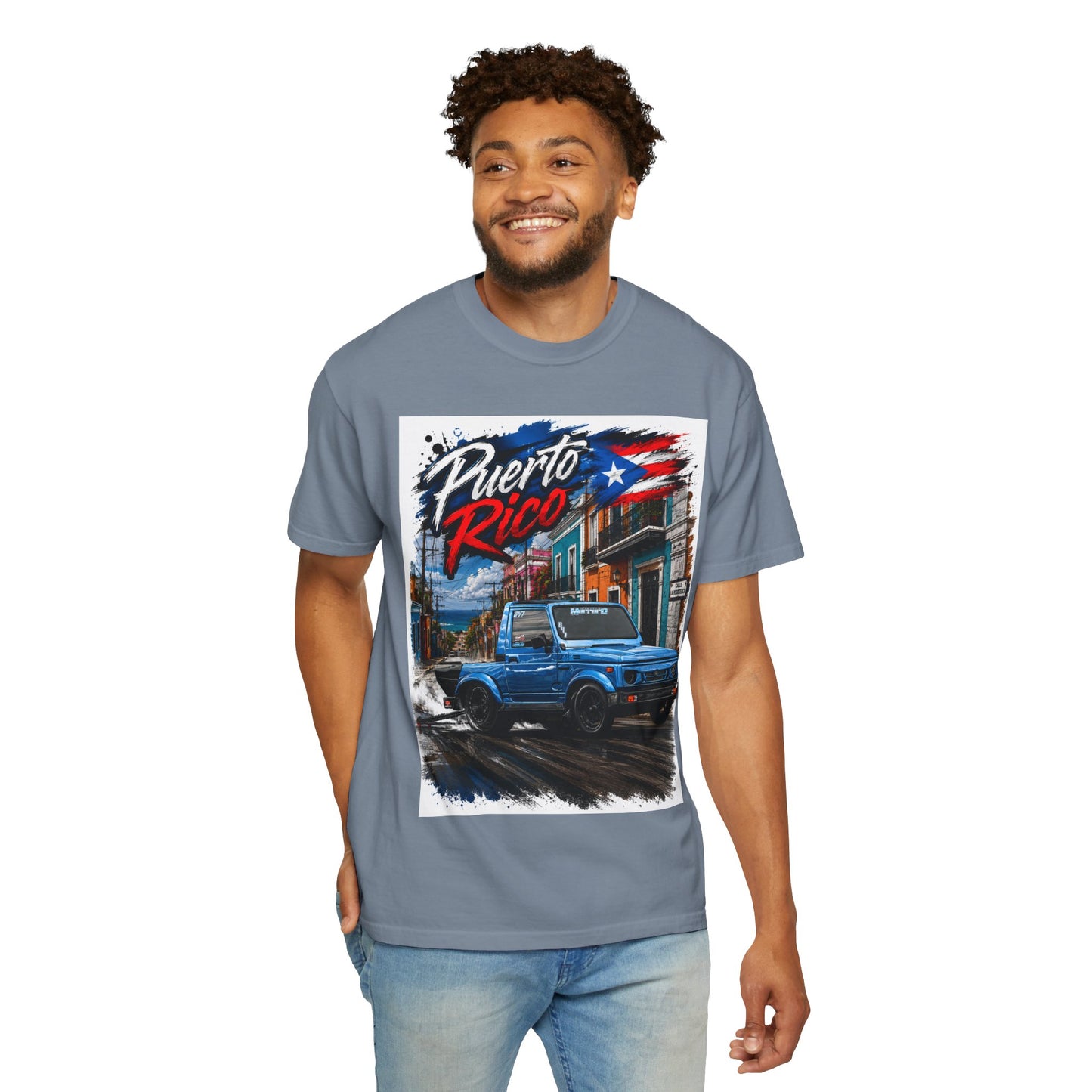 Puerto Rico Blue Samuri T-Shirt — Retro Island Flag Street Scene
