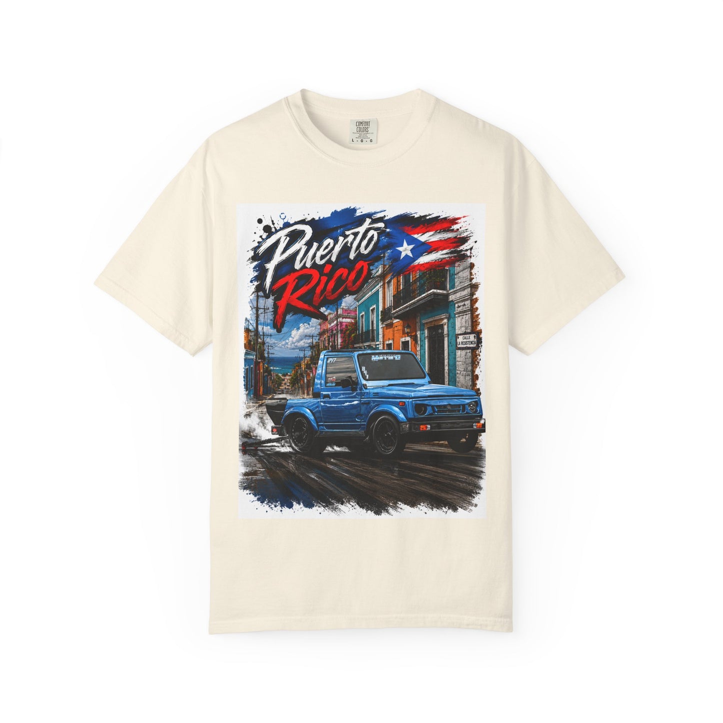 Puerto Rico Blue Samuri T-Shirt — Retro Island Flag Street Scene