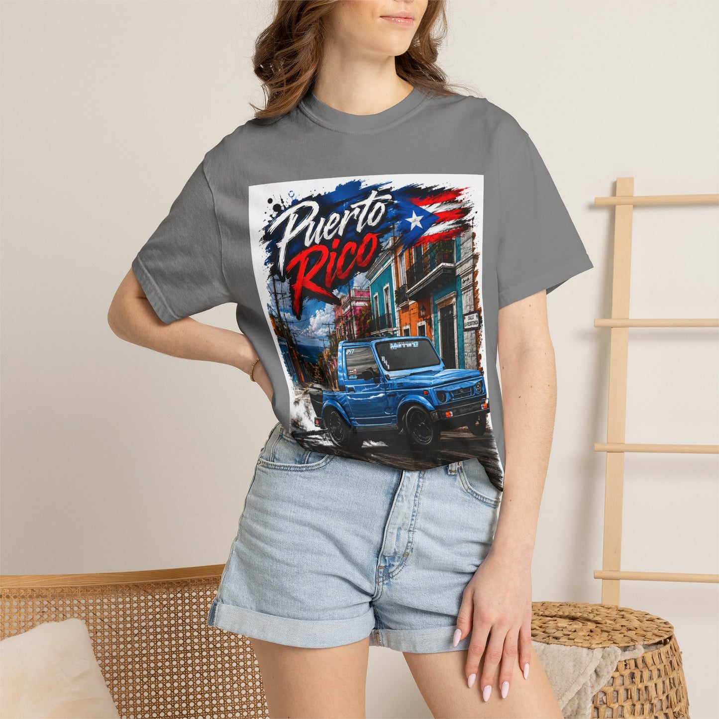 Puerto Rico Blue Samuri T-Shirt — Retro Island Flag Street Scene