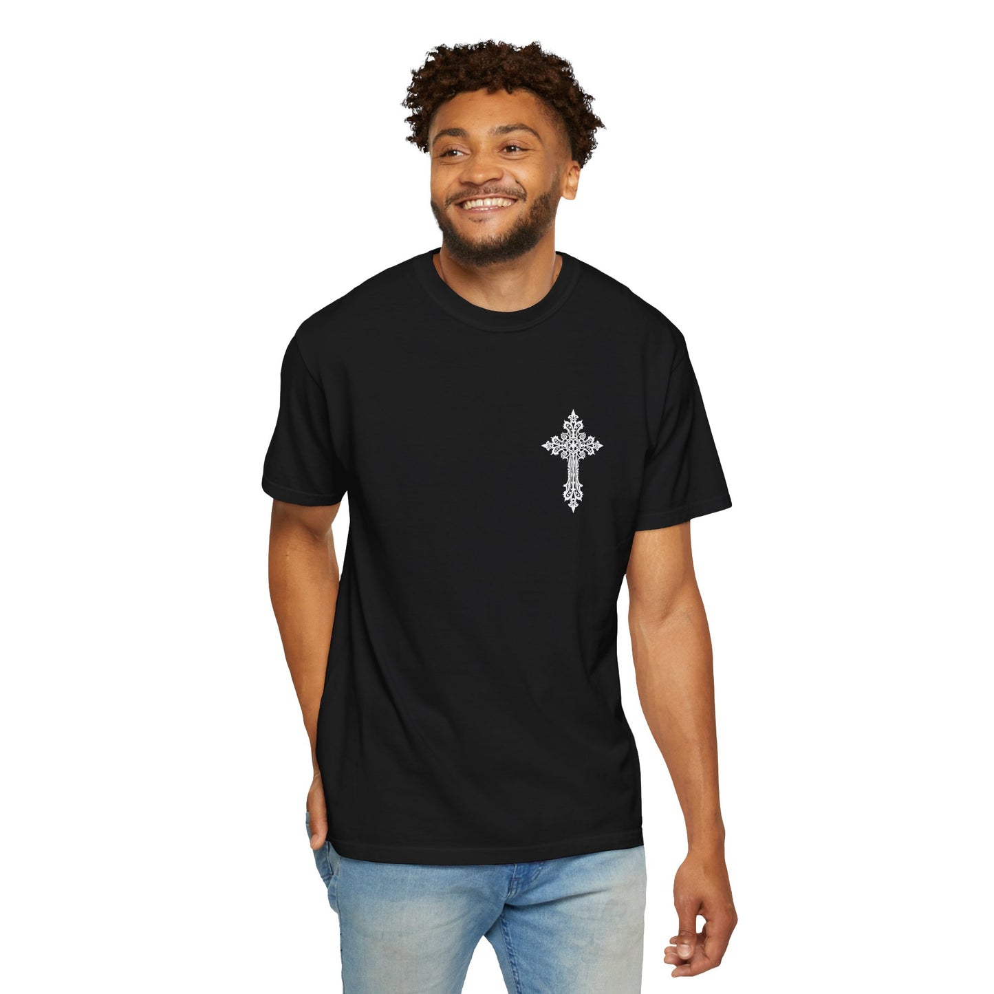 Religious Graphic T-Shirt — Praying Madonna with Roses & Ornate Cross