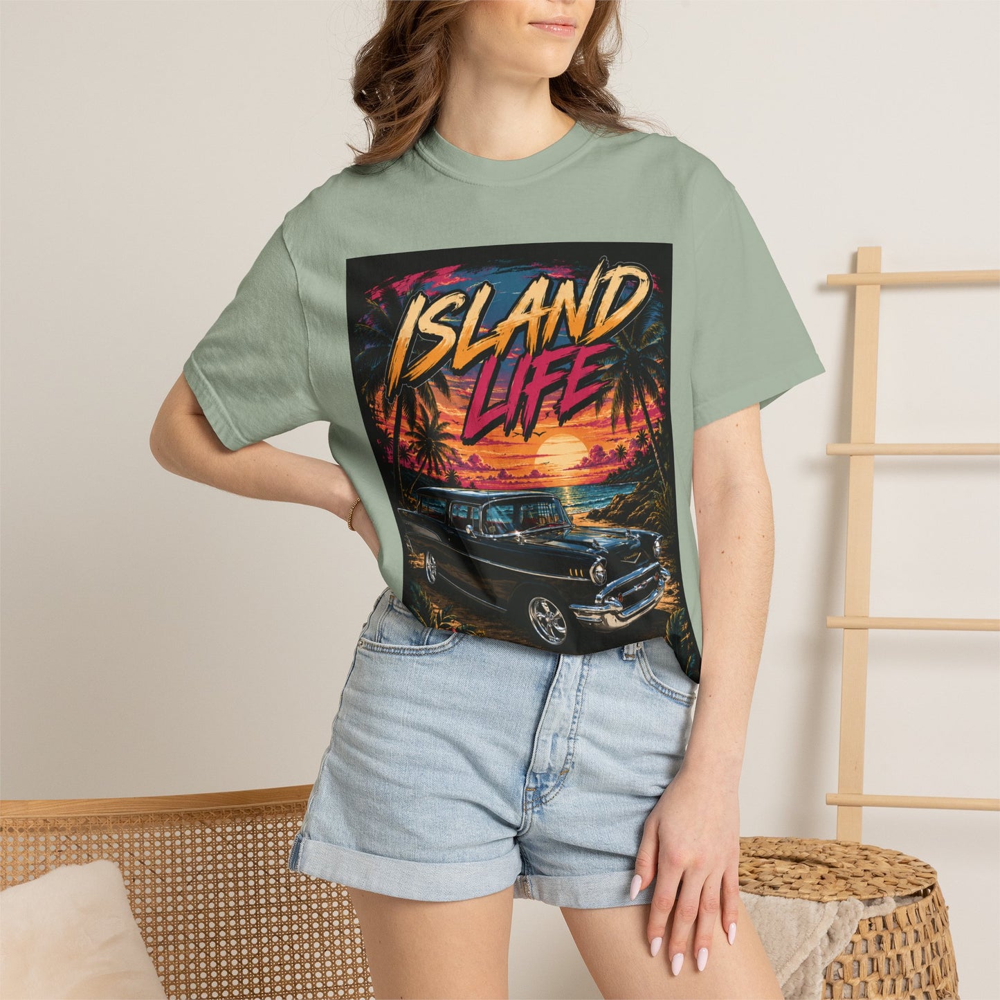 Island Life T-Shirt — Retro Beach Sunset with 57 Chevy Nomad