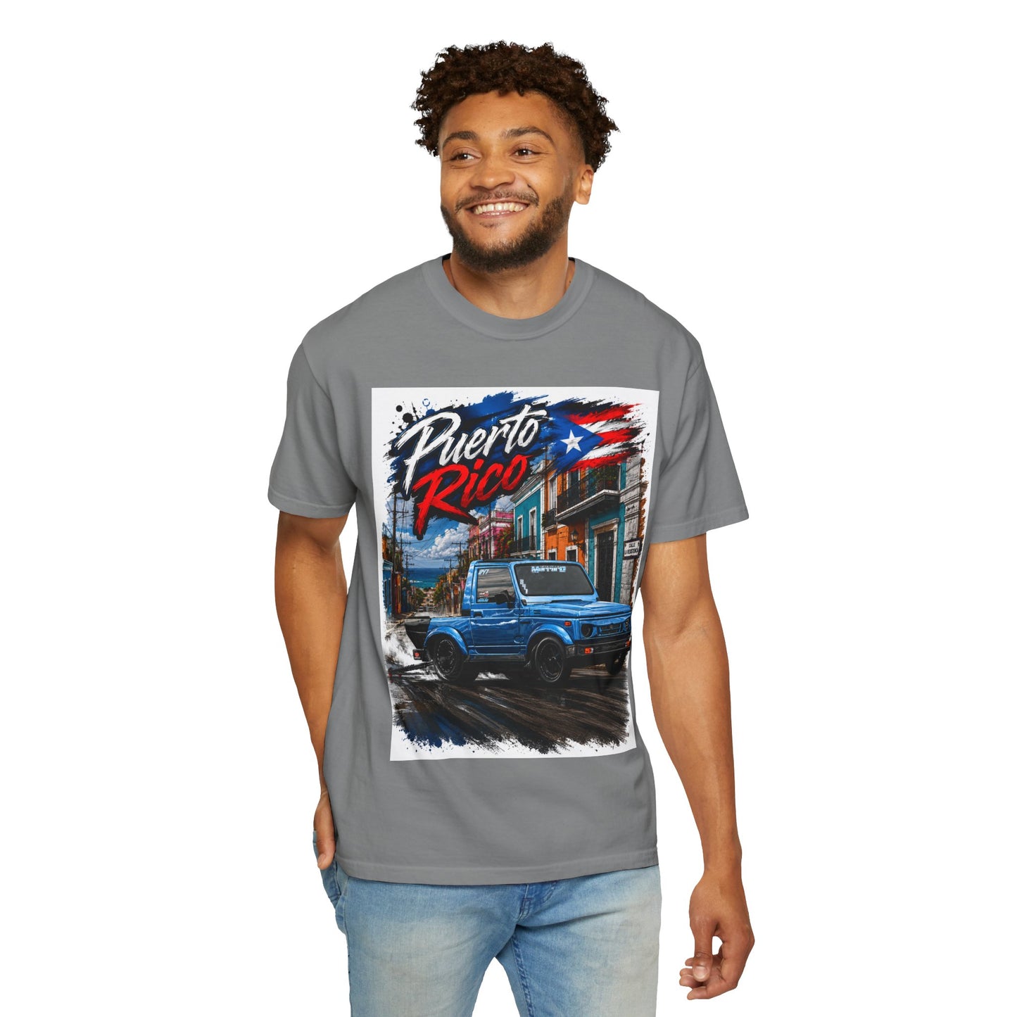 Puerto Rico Blue Samuri T-Shirt — Retro Island Flag Street Scene